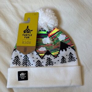 Turtle Fur Kids White Pom Beanie with Multicolor Mountain Pattern